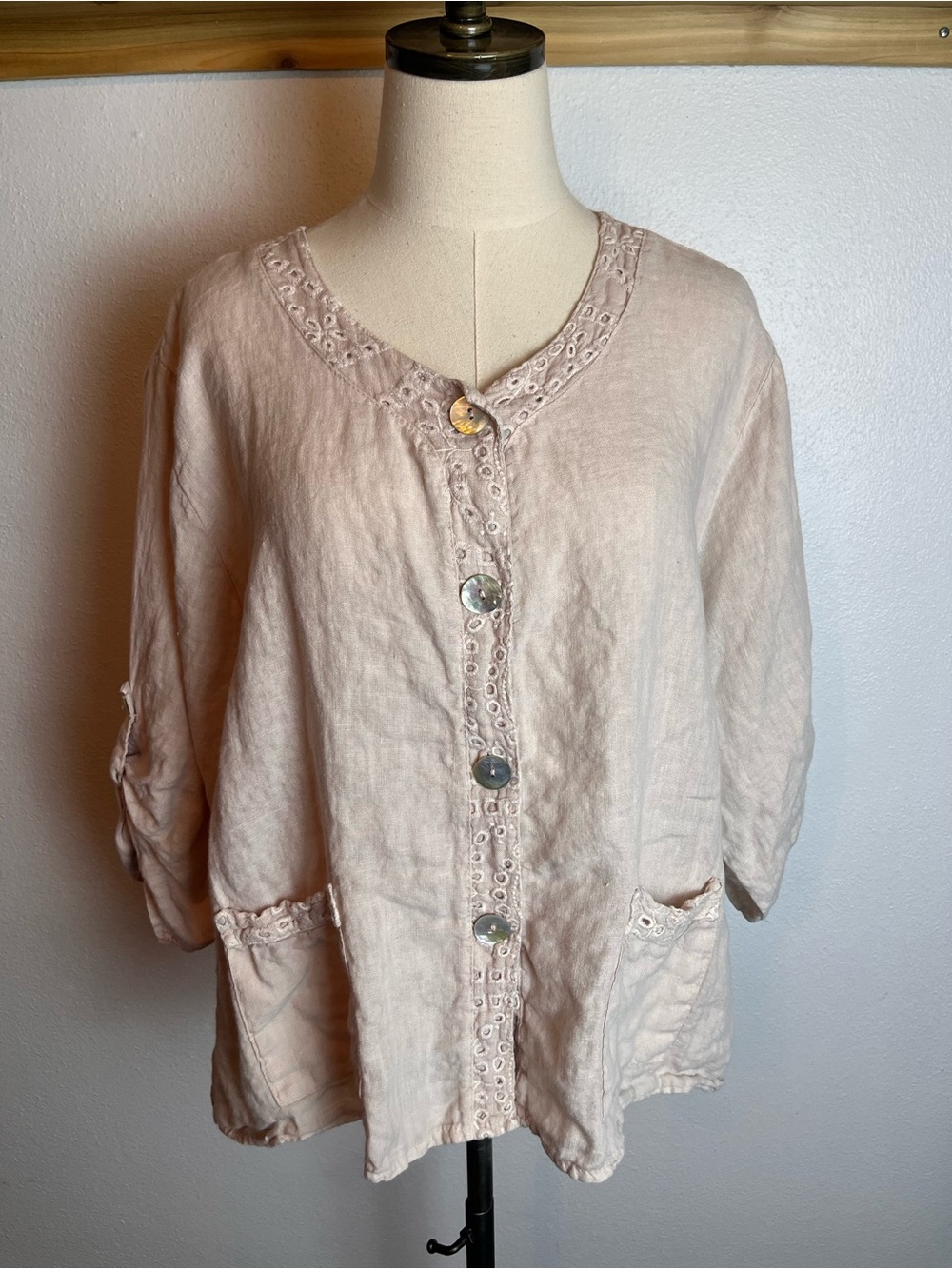 Relaxed Light Pink Linen Button-Front Shirt with Embroidered Trim 100% Linen